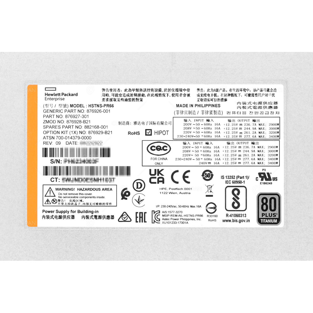 882168-001 HP HSTNS-PR66 3400W 80+ TITANIUM POWER SUPPLY FOR SYNERGY 12000 FRAME